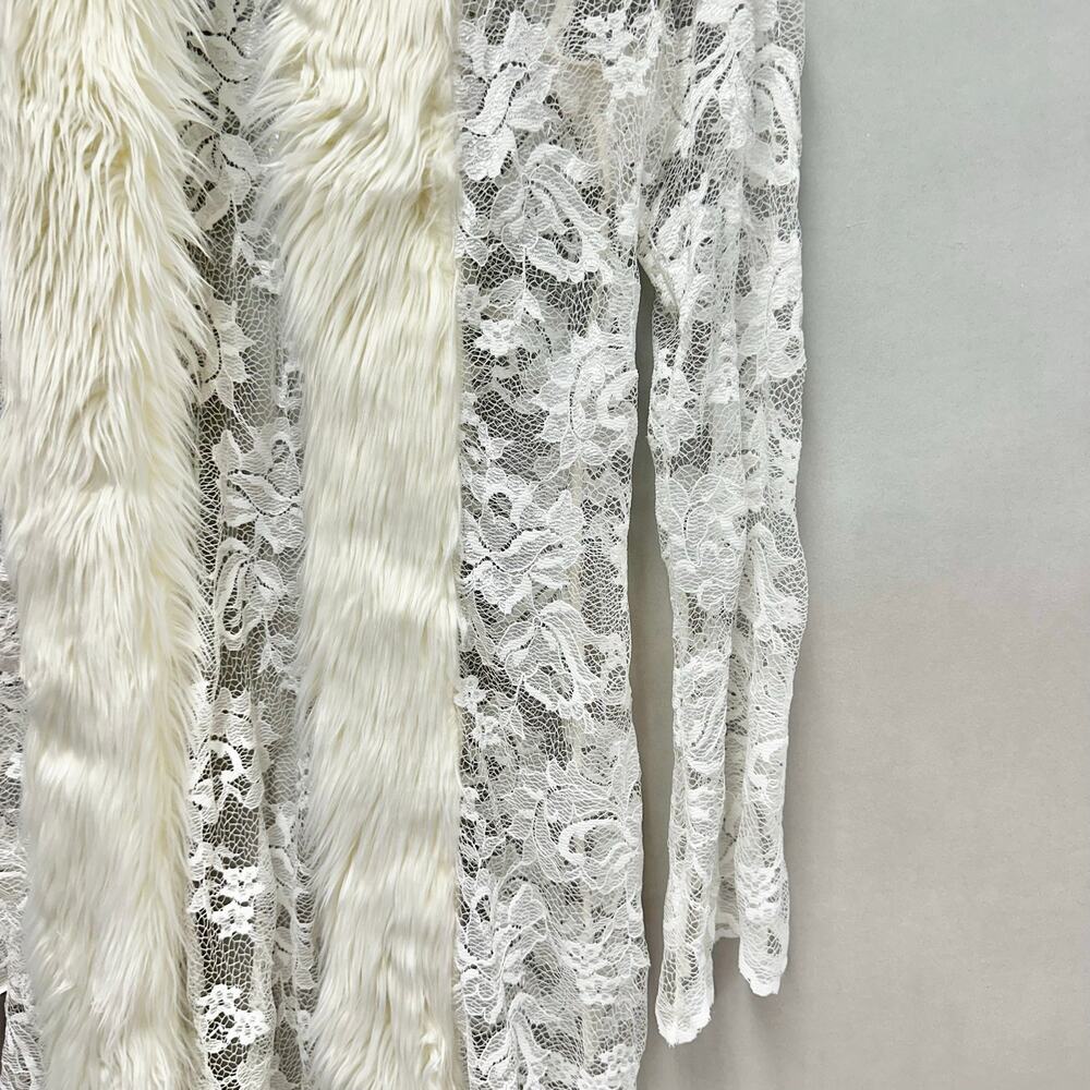 Vintage Y2k Moda International White Lace Duster Faux Fur Trim Sz XS Penny Lane - Picture 5 of 15